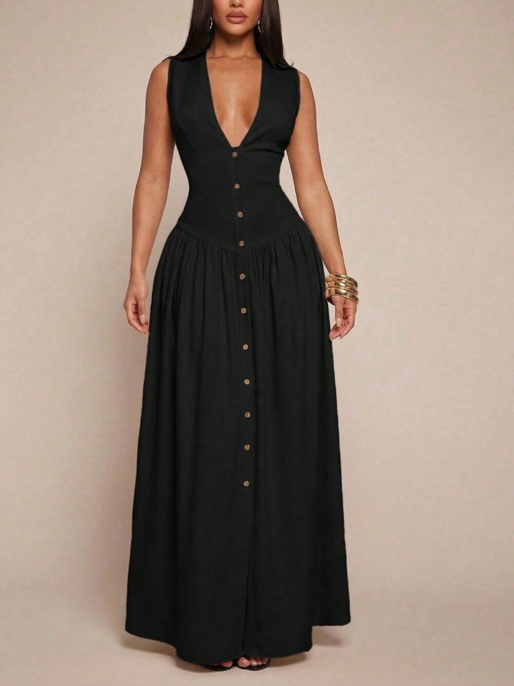 Black Elegant Minimalist Women's Long V-Neck Sleeveless Dress - Picture 3 of 7